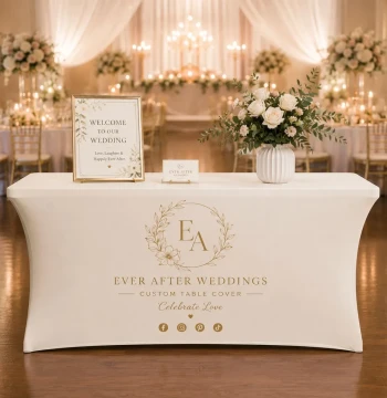 Custom wedding spandex tablecloth with logo, personalized stretch table cover for reception & events